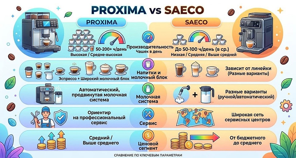фото: Сравнительная инфографика Proxima vs Saeco по ключевым параметрам.