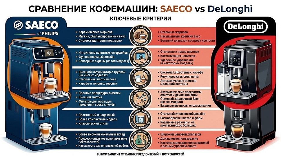 Инфографика Визуальное сравнение Saeco и DeLonghi по ключевым критериям