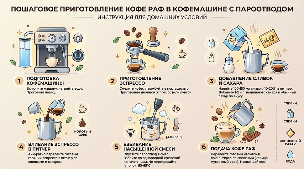 Пошаговое приготовление раф-кофе в кофемашине с капучинатором